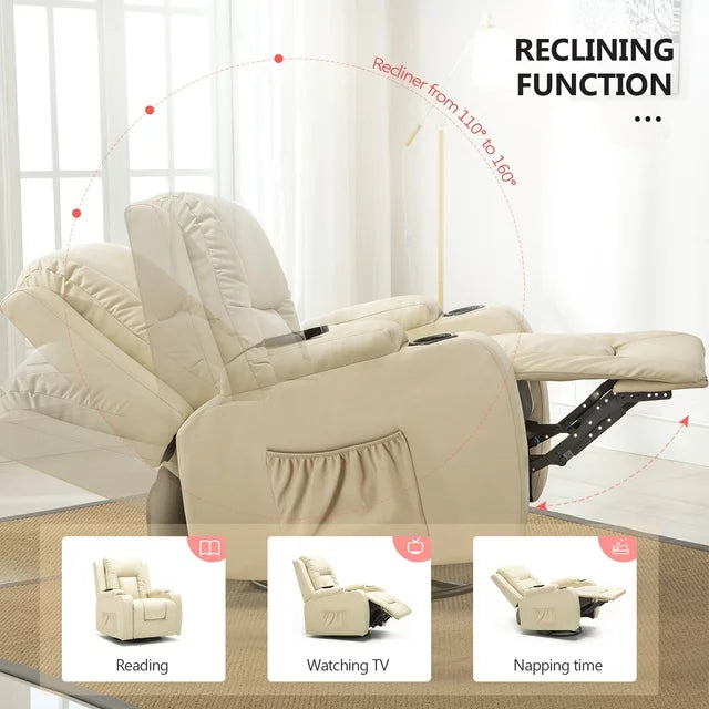 ComHoma Recliner Chair PU Leather Rocking Sofa with Heated Massage, Cream White