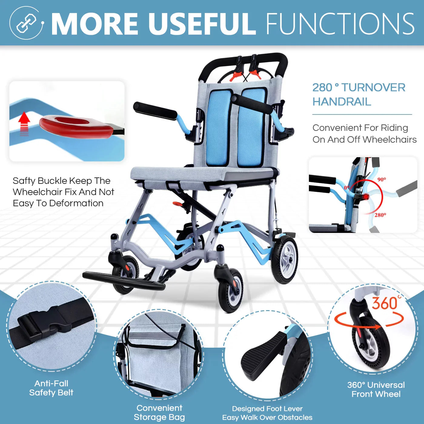 2023 Ultra Light Travel Wheelchair Weight Only 19lbs, Portable Folding Transport Wheelchair with Handbrakes, Blue