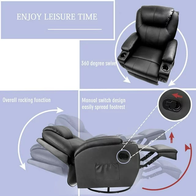 Lacoo Rotary Massage Heated Function Recliner, PU Leather Single Living Room Sofa Seat, Black, 31.75" L x 31" W x 90" H