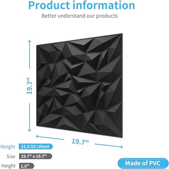 Art3d Textures 3D Wall Panels Black Diamond Design for Interior Wall Decor Pack of 12 Tiles 32 Sq Ft (PVC)