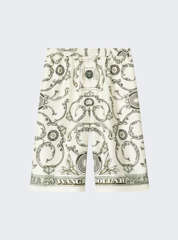 ALEXANDER WANG SILK MONEY PRINT BOXER SHORTS IVORY AND GREEN