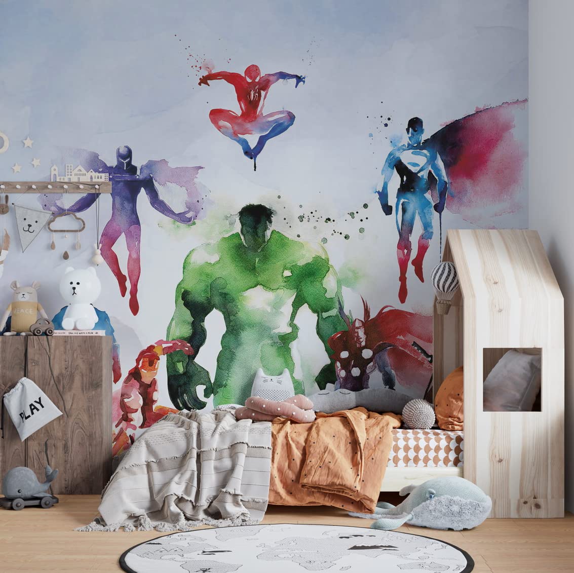 Muravie Marvel Heroes Wallpaper for Kids, Watercolor Effect Hulk Captain America Wonder Woman Wall Mural, Teenage Room Marvel Themed Wall Poster (Marvel Heroes)