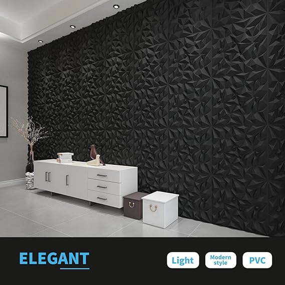 Art3d Textures 3D Wall Panels Black Diamond Design for Interior Wall Decor Pack of 12 Tiles 32 Sq Ft (PVC)