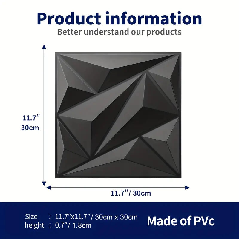 33pcs PVC 3D Diamond Wall Panel Jagged Matching-Matt Black, 11.7" X 11.7" (30cm*30cm), 33 Tiles, For Interior Wall Decor In Living Room, Bedroom, Kitchen Room, TV Background, Feature Walls Decoration, Company Logo Wall