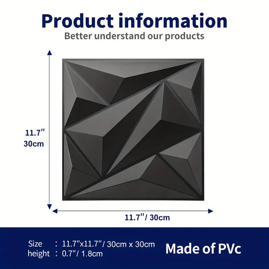 33pcs PVC 3D Diamond Wall Panel Jagged Matching-Matt Black, 11.7" X 11.7" (30cm*30cm), 33 Tiles, For Interior Wall Decor In Living Room, Bedroom, Kitchen Room, TV Background, Feature Walls Decoration, Company Logo Wall