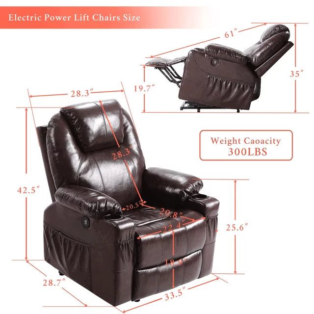 EASELAND Genuine Leather Material Electric Power Lift Recliner Chair with Massage and Heat for Elderly,Massage Chair and Recliners in Health,USB Charge Port and Remote Control (Brown)