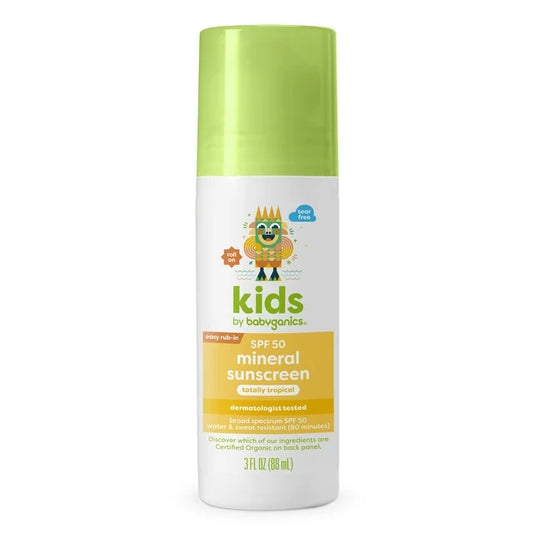 Babyganics SPF 50 Kids Mineral Sunscreen Roller Ball, Totally Tropical, 3 oz