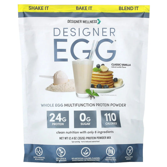 Designer Wellness , Designer Egg, Natural Egg Yolk & White Protein Powder, 24g Protein, Keto and Paleo Friendly, Less Fat and Cholesterol, Vanilla, 12.4 oz