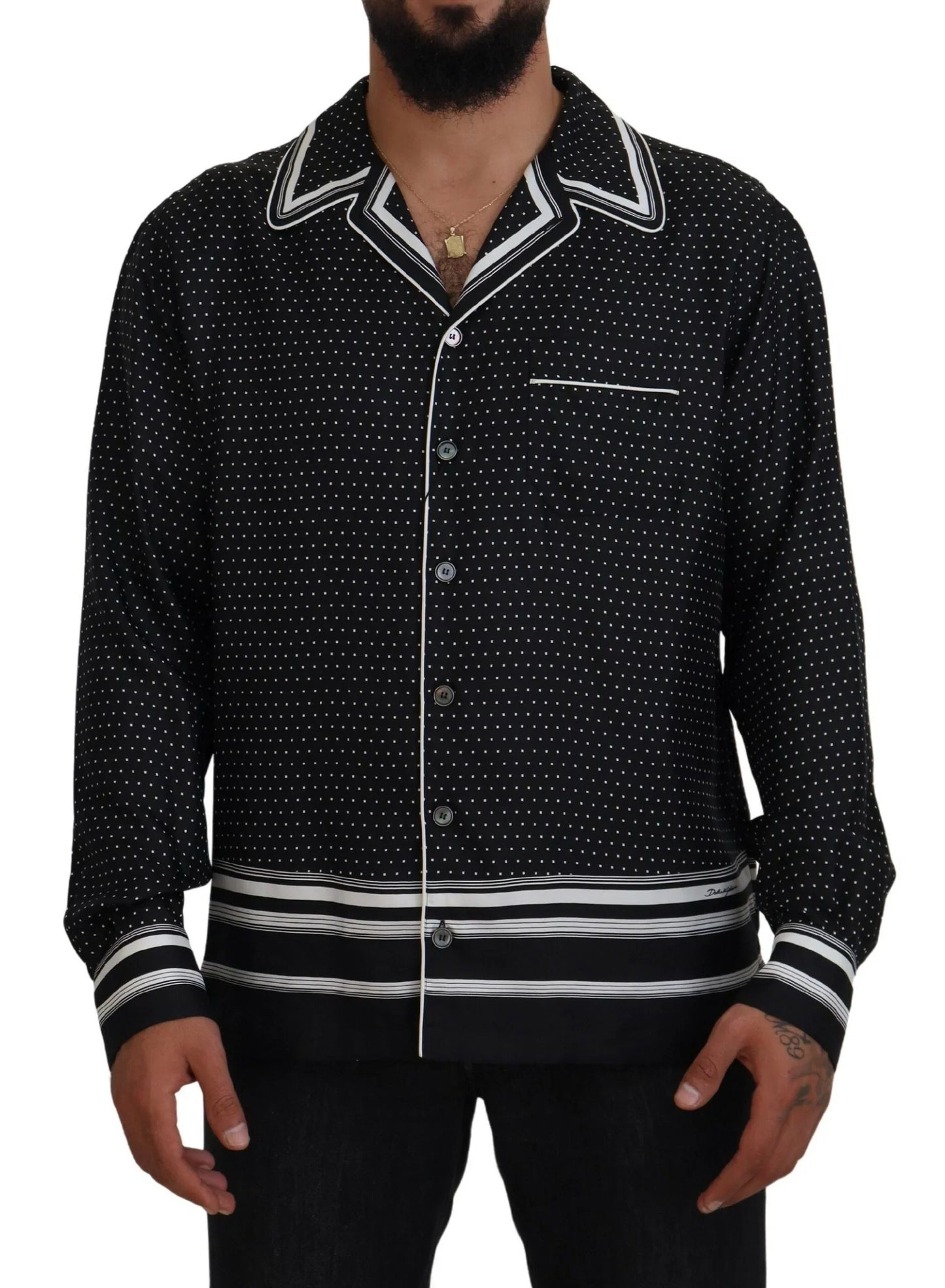 DOLCE & GABBANA Black White Polka Dots Men Pajama Silk Men's Top