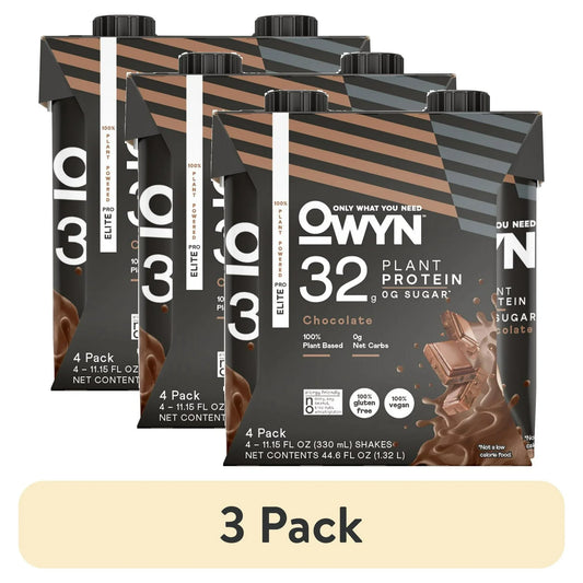 (3 pack) OWYN Pro Elite Protein Shake, Chocolate, 4 Ct, 32g