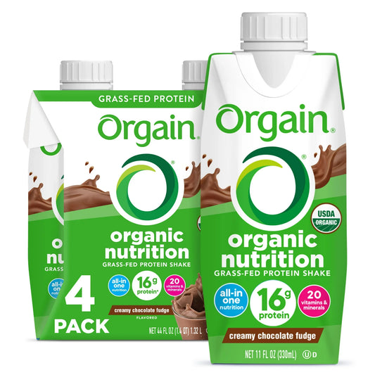 Orgain Organic Nutrition Shake, Grass Fed Protein, Creamy Chocolate Fudge 11oz, 4ct