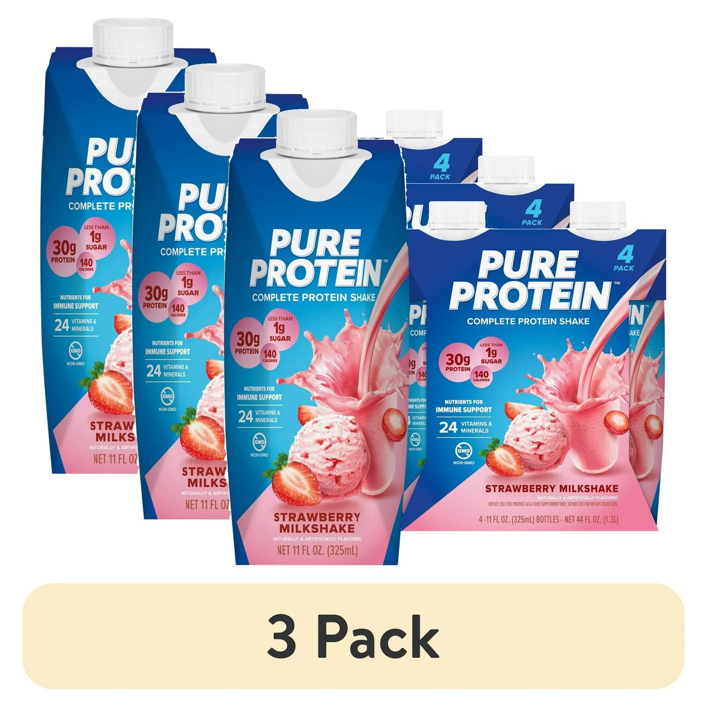 (3 pack) Pure Protein Strawberry Milkshake Complete Protein Shake, 11 fl oz, 4 Ct