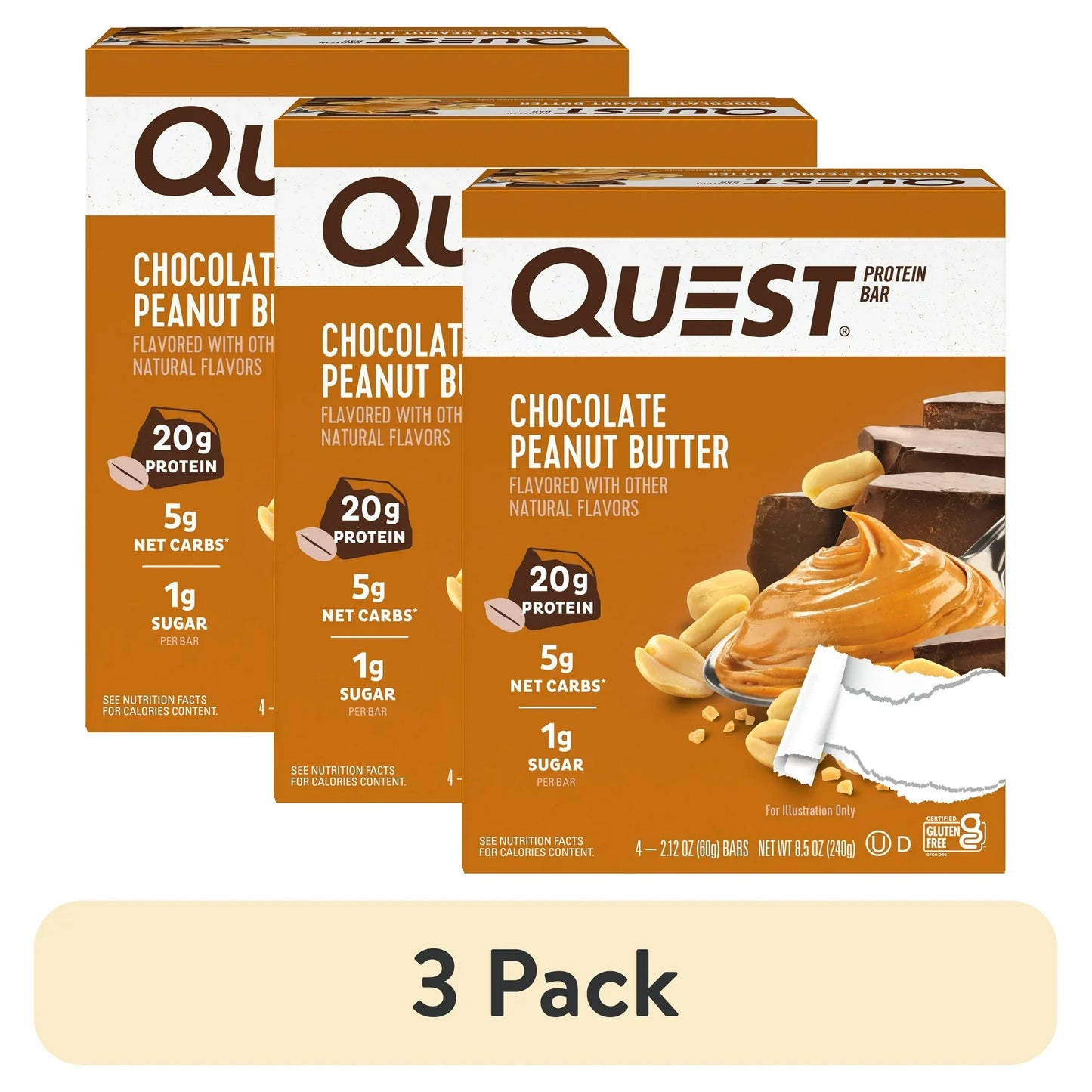 (3 pack) Quest Protein Bar, Gluten Free, Low Carb Chocolate Peanut Butter, 20g Protein, 4 Ct