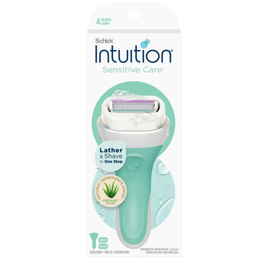 Schick Intuition 4-Blade Sensitive Care Women's Razor Handle Plus 2 Razor Cartridge Refills, Lather & Shave in One Step, With Aloe & Vitamin E