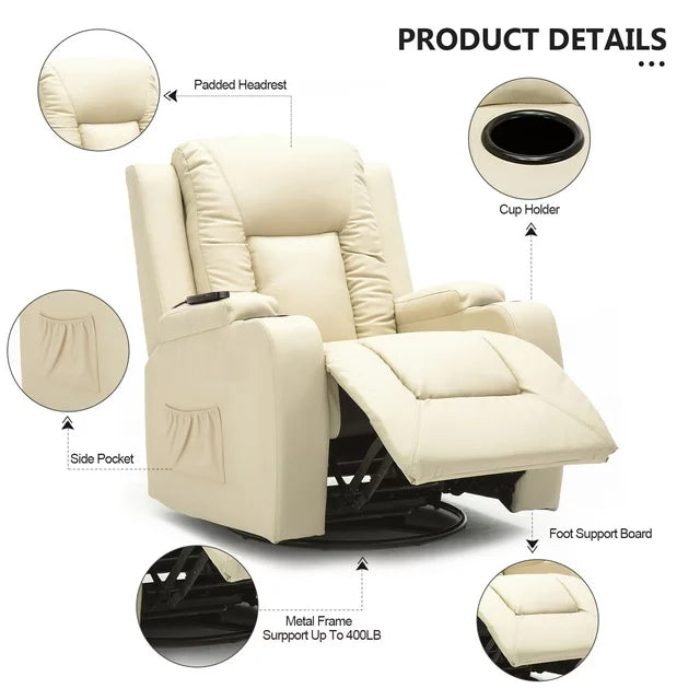 ComHoma Recliner Chair PU Leather Rocking Sofa with Heated Massage, Cream White