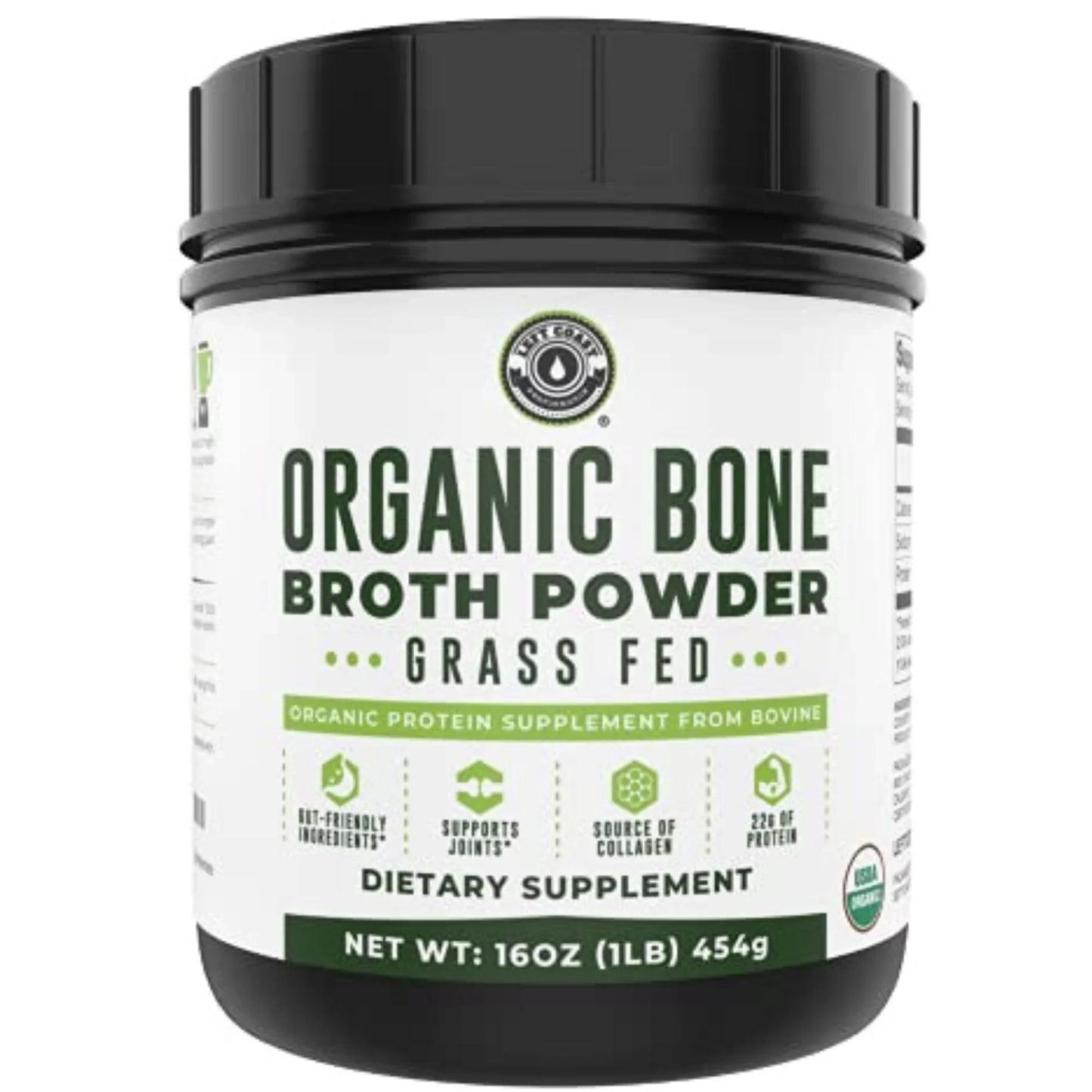 Left Coast Performance Organic Bone Broth Powder | Grass Fed + Keto USDA Organic Protein Powder With Collagen | 21 Servings, 16oz