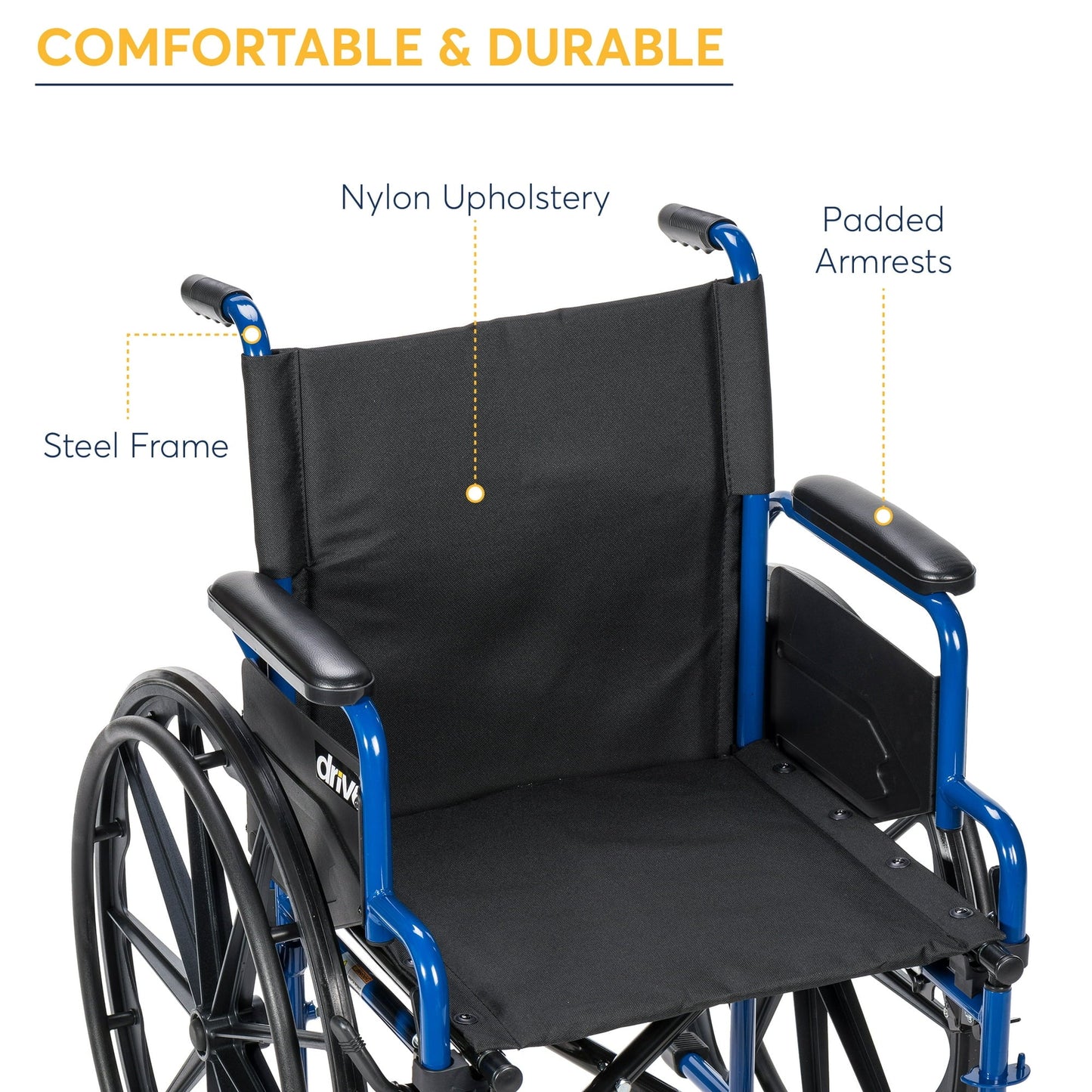 Drive Medical Blue Streak Wheelchair with Flip Back Desk Arms, Elevating Leg Rests, 18" Seat