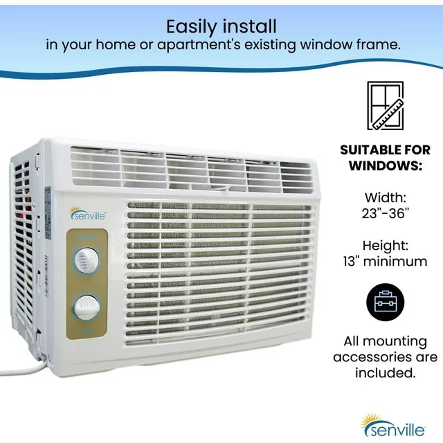 Senville 5,000 BTU Window Air Conditioner, Cools up to 150 sq. ft., Mechanical Control, Washable Filter