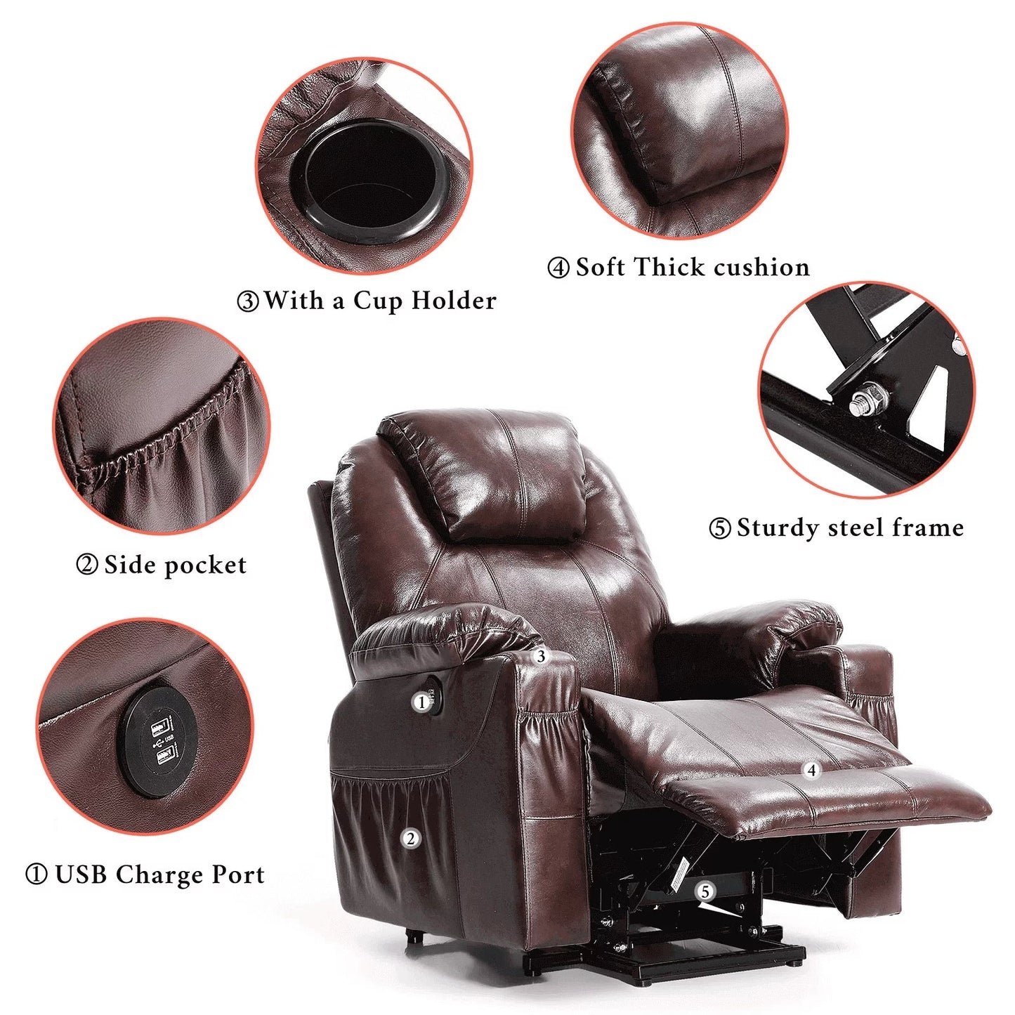 EASELAND Genuine Leather Material Electric Power Lift Recliner Chair with Massage and Heat for Elderly,Massage Chair and Recliners in Health,USB Charge Port and Remote Control (Brown)