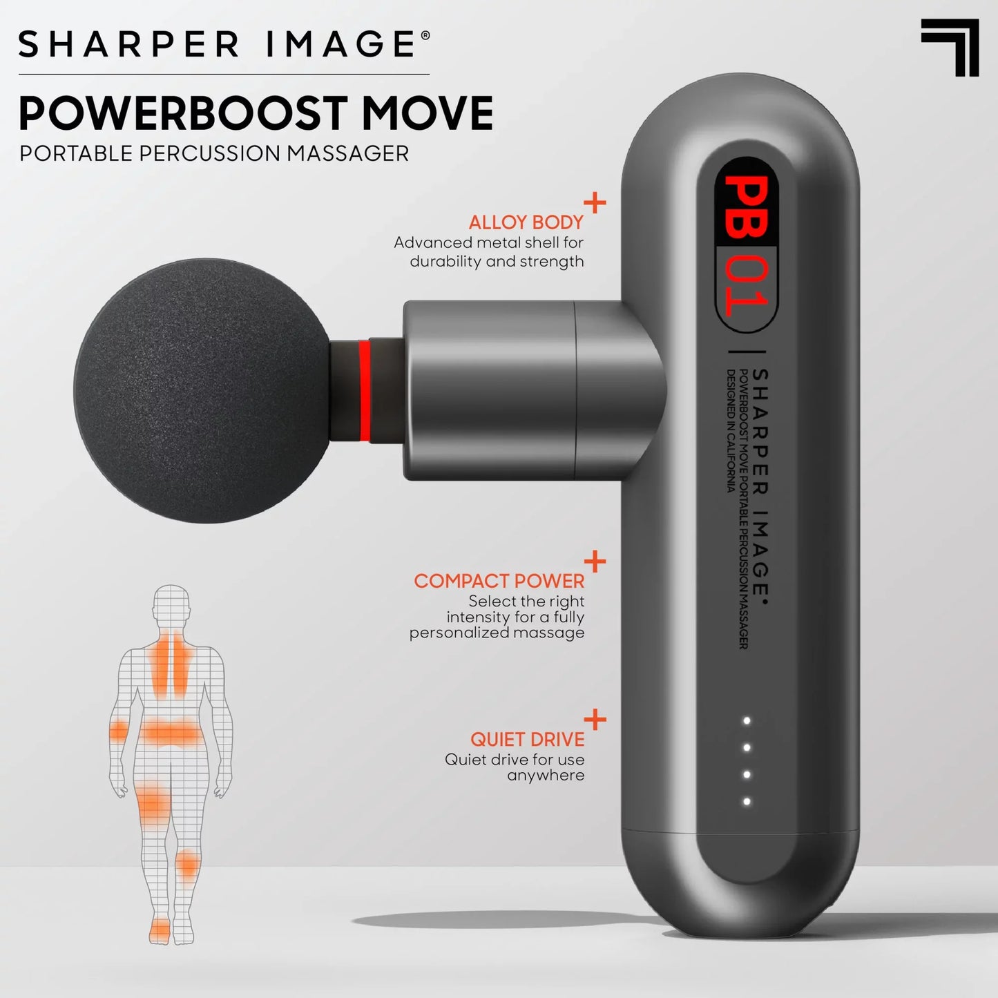 Sharper Image® Powerboost Move® Deep Tissue Portable Full Body Percussion Massage Gun, Gray