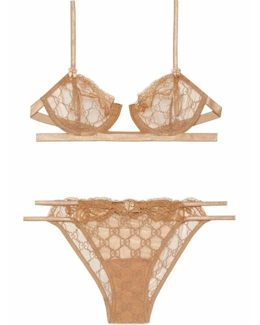 Gucci Women's Natural GG Embroidered Tulle Lingerie Set