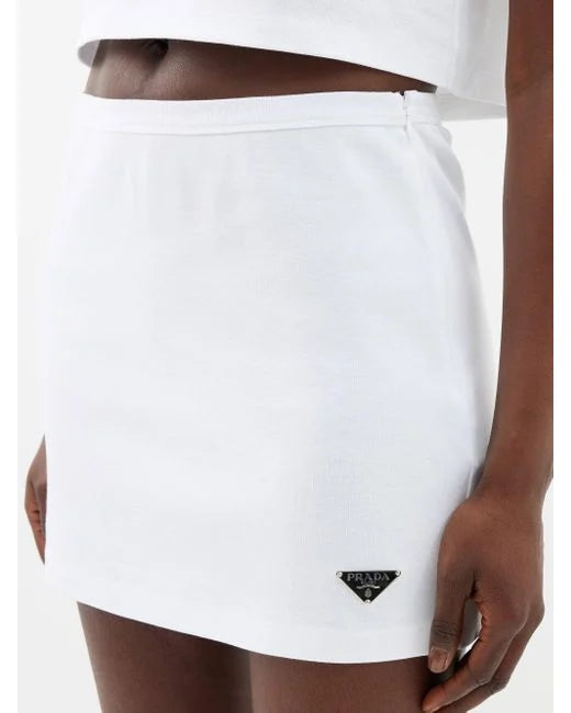 Women's White Triangle-logo Plaque Cotton-jersey Mini Skirt