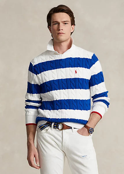 Striped Cable-Knit Cotton Sweater