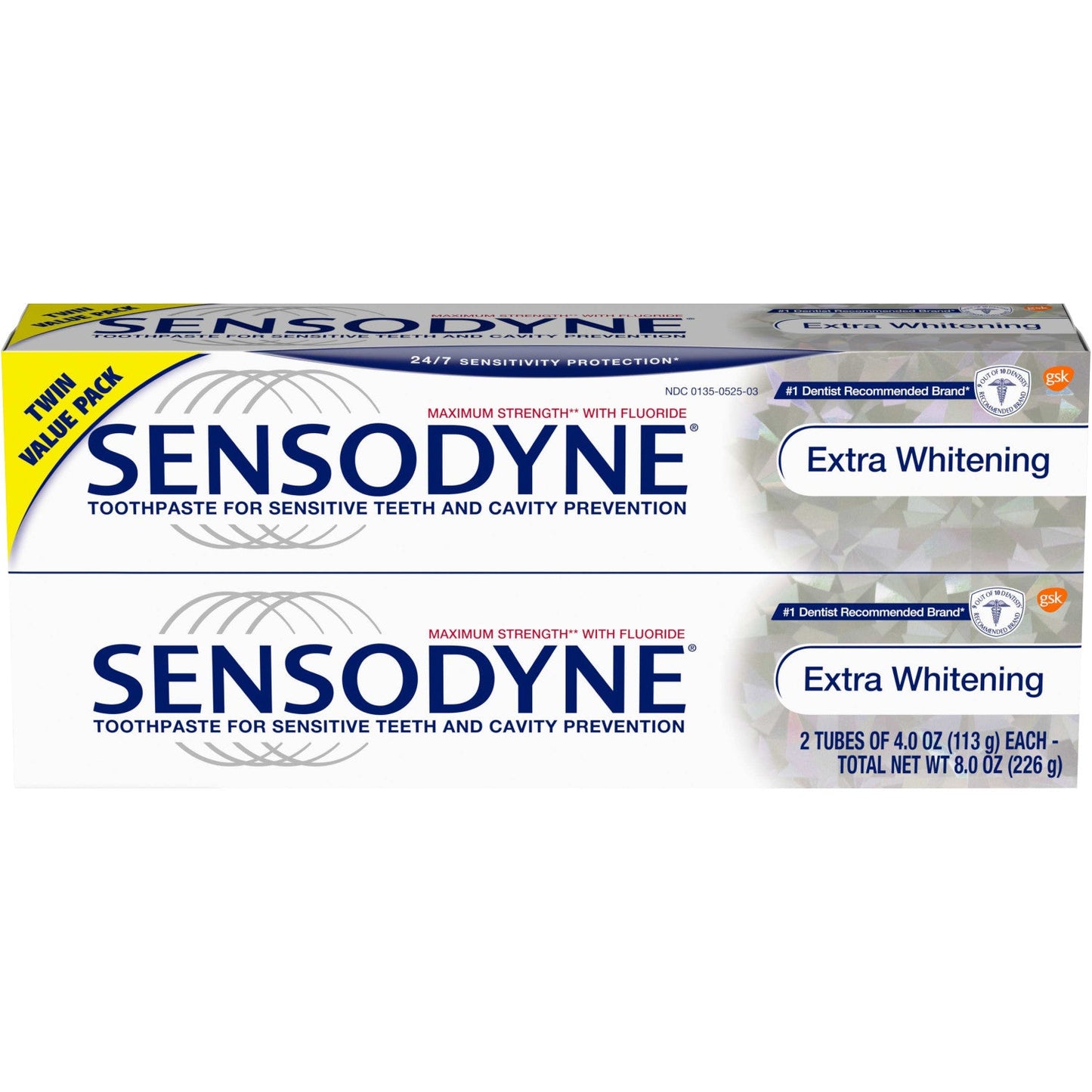 Pasta de dente para sensibilidade Sensodyne, clareamento extra, para dentes sensíveis, proteção 24 horas por dia, 7 dias por semana, 4 onças (pacote com 2)