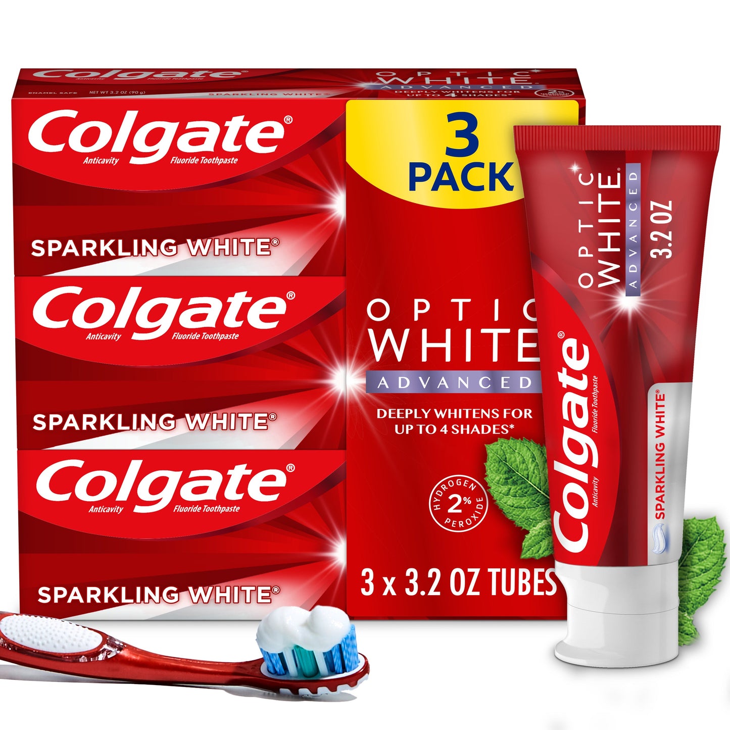 Pasta de dente clareadora de dentes avançada Colgate Optic White, branco brilhante, 3,2 onças, pacote com 3