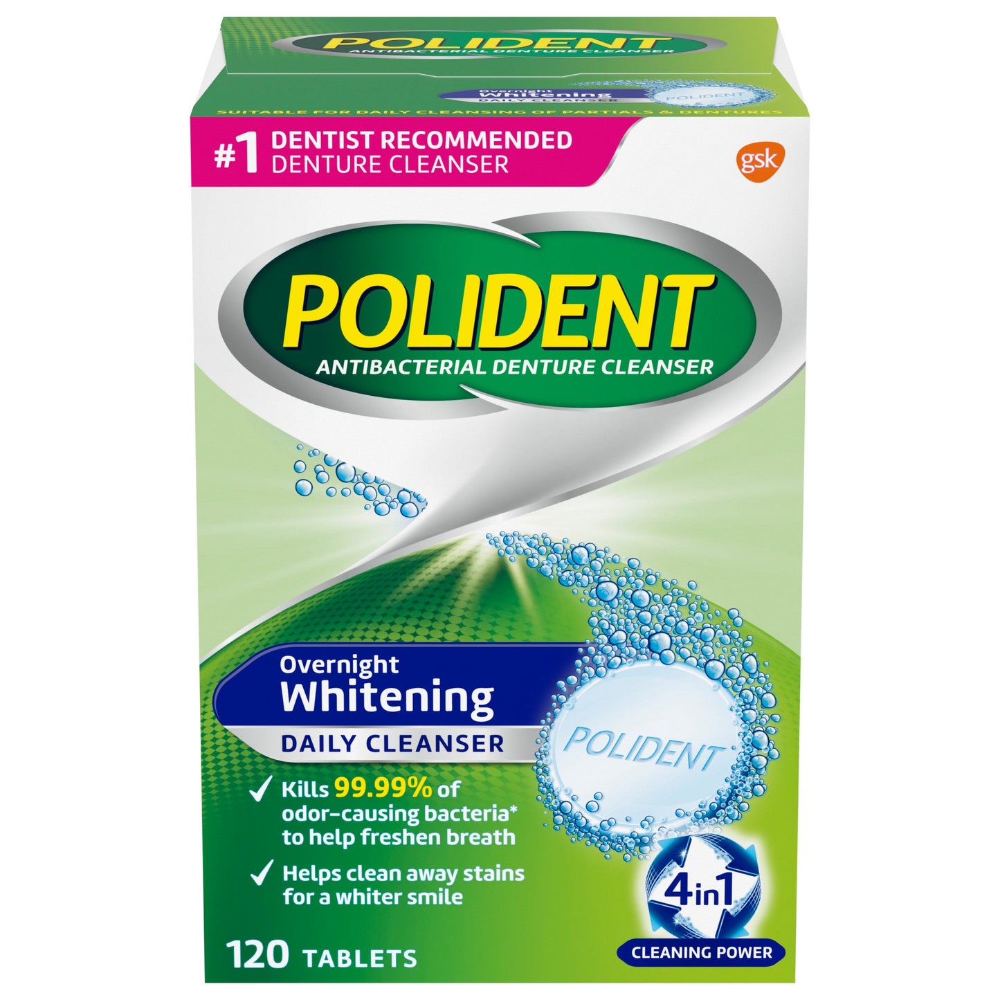 Comprimidos antibacterianos para limpeza de dentaduras Polident Overnight Whitening, 120 contagens